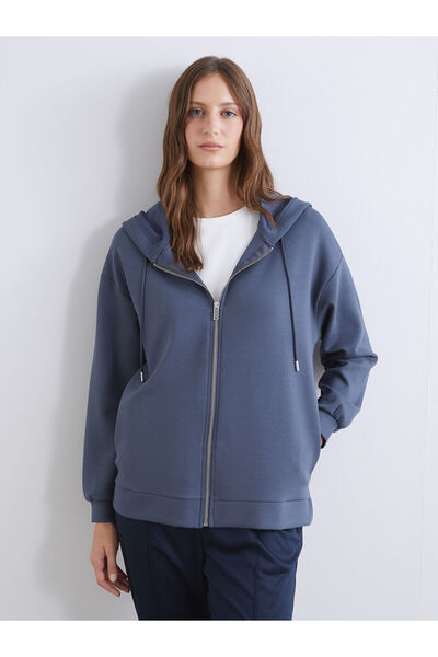 LC Waikiki Antrasit Kapüşonlu Oversize Kadın Fermuarlı Sweatshirt