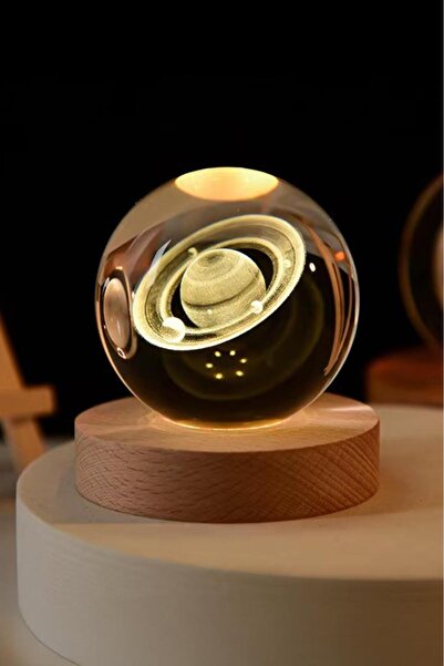 DEMPOWER Ahşap Tabanlı Satürn Figürlü LED Işıklı Küre