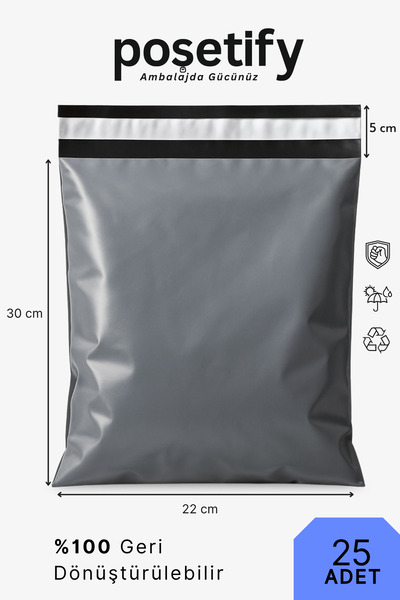 POŞETİFY Cepsiz Kargo Poşeti 22x30x5 cm | 25 Adet | E-Ticaret Poşeti | Gri | Yapışkan Bantlı Kargo Zarfı