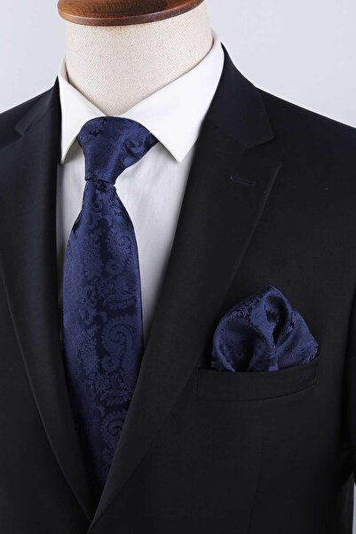 Kravatkolik Lacivert Şal Desen Mendilli Klasik Kravat KK13123