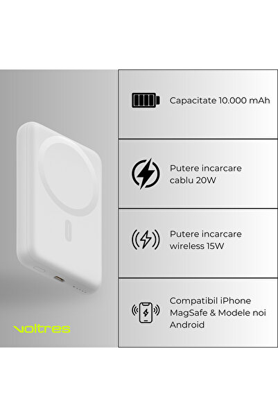 Voltres Acumulator extern wireless MagSafe, 10000 mAh, aluminiu, alb
