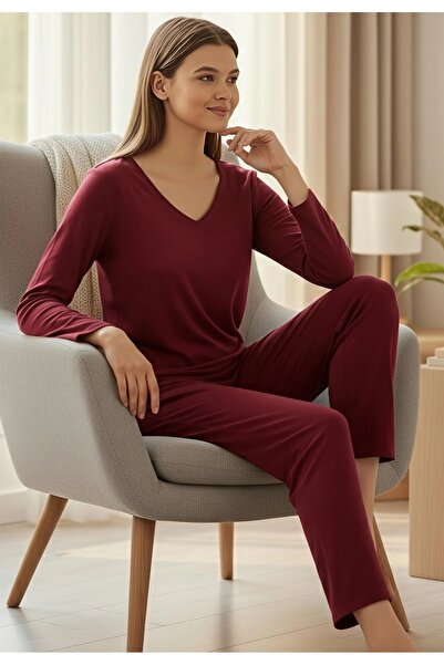ÇAĞ MODA Viskóz kötött V-nyakú hosszú ujjú női pizsama szett