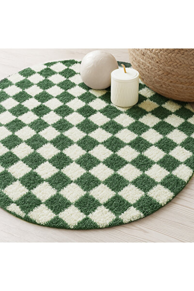 EUROBANO Dama Desenli Yuvarlak Halı Kaymaz Lateks Tabanlı Yıkanabilir Daire Halı Yolluk Chess Koleksiyonu