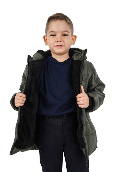 QAWWA Erkek Çocuk Haki Elyaflı Kapüşonlu Rüzgar Geçirmez Şişme Kışlık Mont