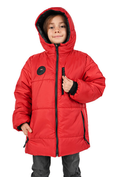 QAWWA Erkek Çocuk Kırmızı Elyaflı Kapüşonlu Rüzgar Geçirmez Şişme Kışlık Mont