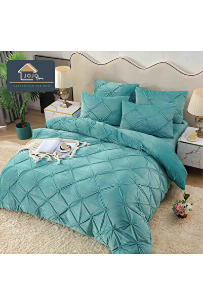 JOJO HOME Double bed linen set, velvet, pleated, with elastic, 4 pieces, Turquoise