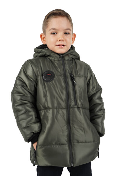 QAWWA Erkek Çocuk Haki Elyaflı Kapüşonlu Rüzgar Geçirmez Şişme Kışlık Mont