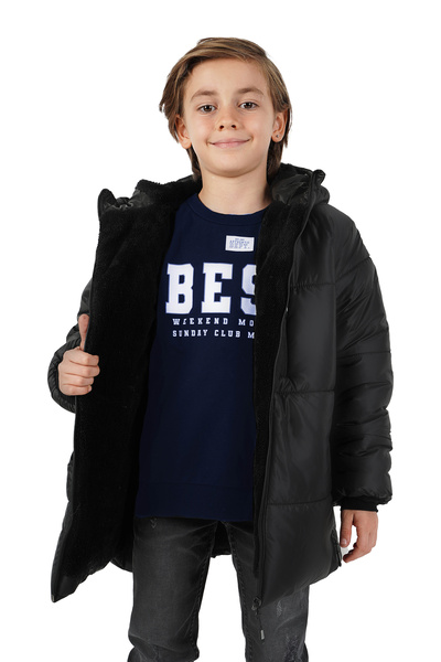 QAWWA Chlapčenská zimná bunda s kapucňou a kapucňou z čierneho vlákna