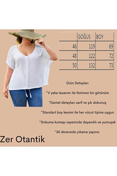 Zer Otantik V-Neck Lace Detailed Plus Size Blouse Ecru
