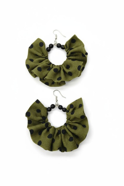 maia Haki Yeşil Siyah Puantiyeli Kumaş Siyah Boncuklu Tasarım Halka Sallantıl...
