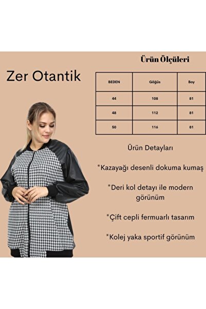 Zer Otantik Large Size Leather Coat with Houndstooth Garnish Black