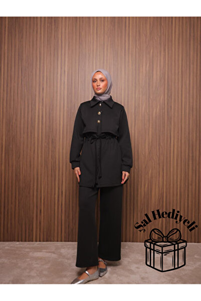 Mira İpek طقم حجاب من قماش السكوبا مع بنطلون مربوط عند الخصر وشال هدية