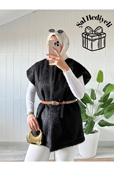 Mira İpek Furry Belted Vest Women's Belted Vest Shawl with Gift