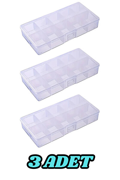 DepoMega 3 Adet 10 Bölmeli Mini Takı Boncuk Organizeri Kapaklı Plastik Kutu 13 cm