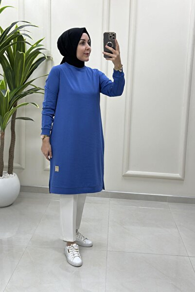 KADO Kol Ve Etek Ucu Ribanalı Spor Kadın Tunik Mavi KADO 7194