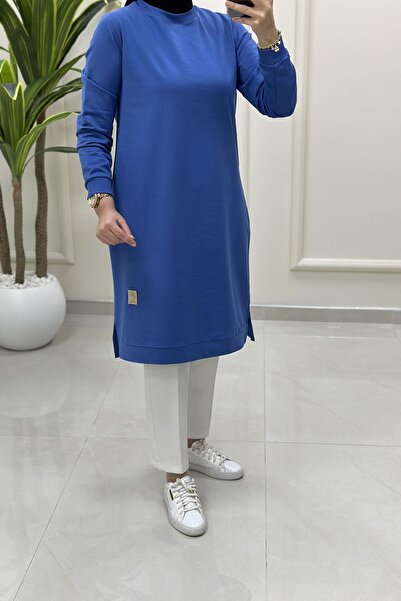 KADO Kol Ve Etek Ucu Ribanalı Spor Kadın Tunik Mavi KADO 7194