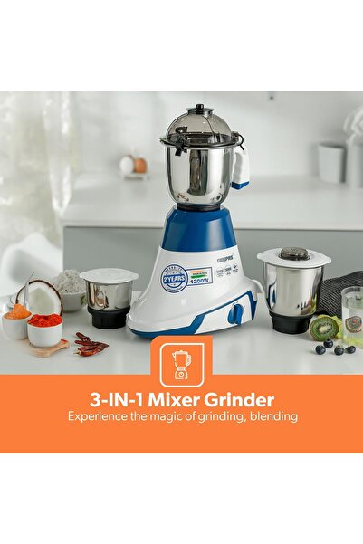 Geepas خلاط ومطحنة 3 في 1 بقوة 1200 واط مع أوعية من الفولاذ المقاوم للصدأ، turquoise/white