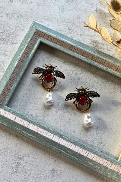 Meva Takı ve Aksesuar Red Beaded Bee Earrings I Mev'Art Collection