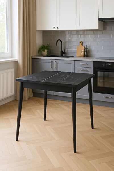 Atolye Casa 80x80cm Siyah Mermer Açılır Mutfak Masası Totem Model