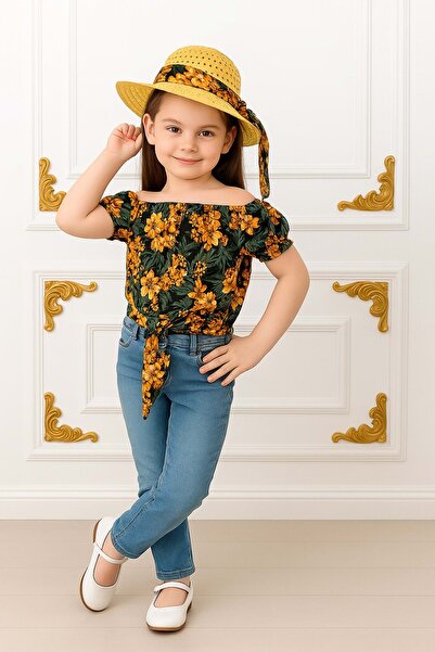 Mnk Baby&Kids Kız Çocuk Şapkalı , Jeans Pantolon , Bluz Yazlık İkili Takım M00731 PORTAKAL