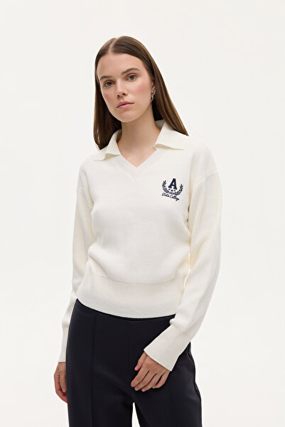 Quzu Nakış İşlemeli V Yaka Triko