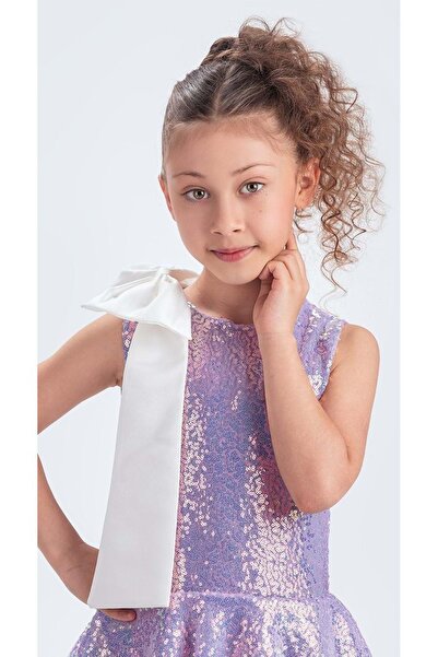 Mnk Baby&Kids Yaka Fiyonk Işıltılı Pul Payet Kumaş Kız Çocuk Abiye Elbise M00702 Lila