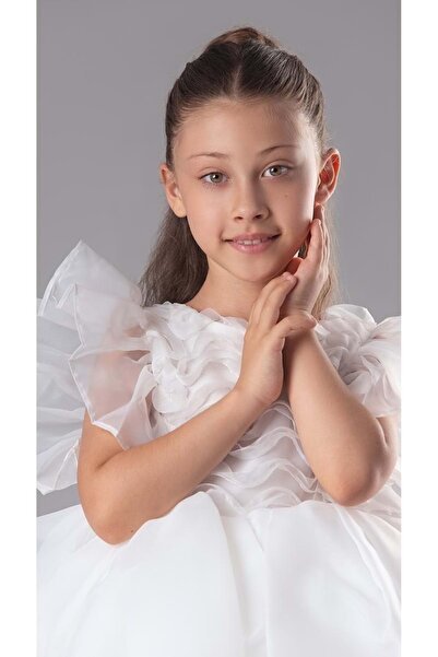 Mnk Baby&Kids Maronia Kız Çocuk Prenses Model Abiye Elbise - M00746 BEYAZ
