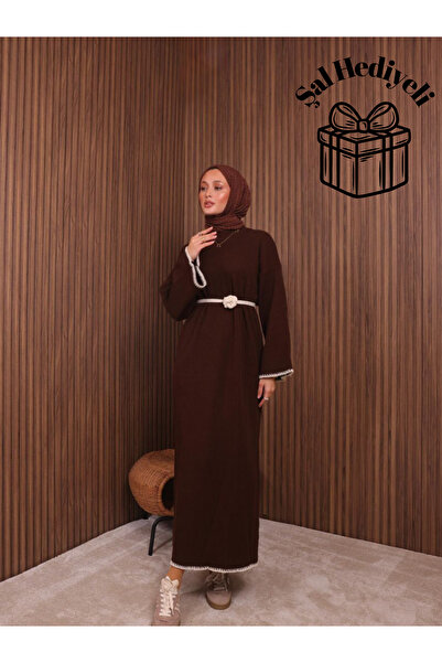 Mira İpek Knitwear Dress Women's Hijab Dress with Stitched Sleeves Shawl Gift