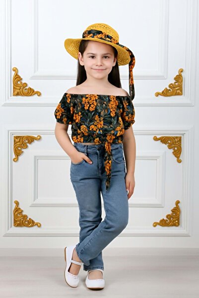 Mnk Baby&Kids Kız Çocuk Şapkalı , Jeans Pantolon , Bluz Yazlık İkili Takım M00731 PORTAKAL
