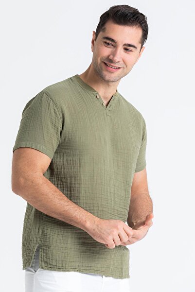 Eliş Şile Bezi Ανδρικό μπλουζάκι με κοντό μανίκι, καλοκαιρινό μουσελίνα, χακί Hk