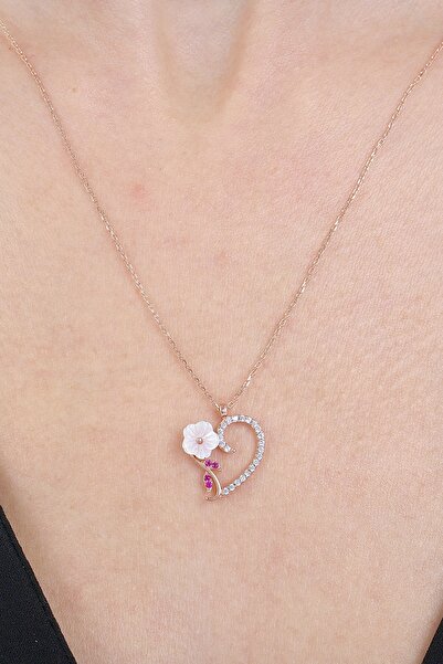 Mia Vento Kalp Demeti Manolya Çiçeği Rose Renk Flowers Gümüş Kolye