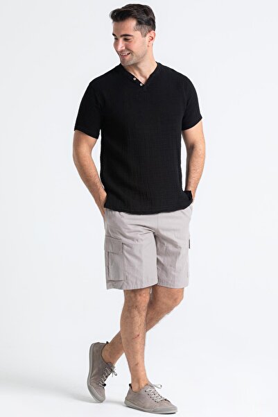 Eliş Şile Bezi Ανδρικό μπλουζάκι καλοκαιρινό μουσελίνα με κοντό μανίκι με ραβδώσεις μαύρο Syh