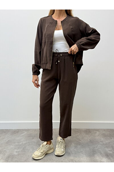 Maldia Shop Zippered Women's Jacket and Pantalon Bottom-Top Coffee Set