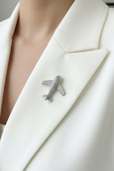 Modex Gümüş Rengi Taş Detay Uçak Broş (4cm)