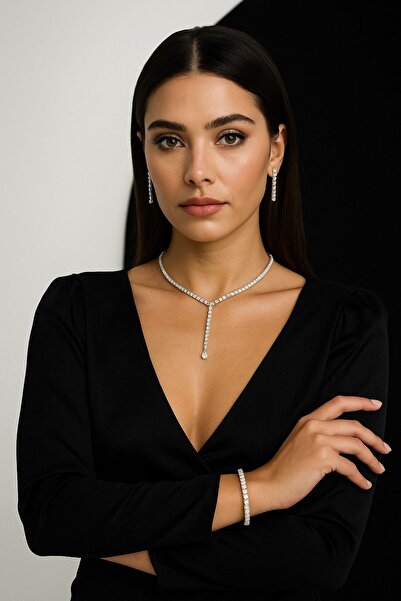 mango bijuteri Gümüş Kaplama Su Yolu Taşlı Kolye Bileklik Küpe Seti Gelin Takı Seti Nişan Seti Abiye Seti