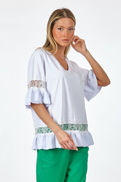 Unıquemode Unique Mode V-Neck Sleeve Detailed Ecru Women's 100% Cotton T-shirt Us212017