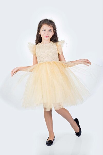 Mnk Baby&Kids Roza Dantel Tütü Kız Çocuk Abiye Elbise MNK0546 BEJ
