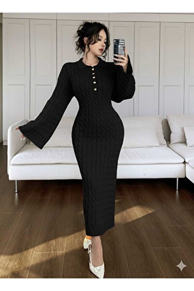 SAYZEN GÖMLEK YAKA DÜĞMELİ SAÇ ÖRGÜLÜ TRİKO ELBİSE