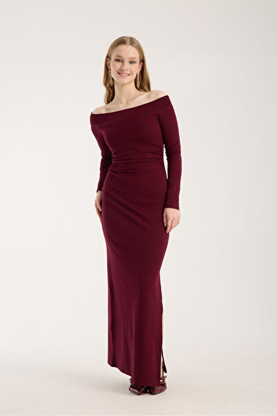 Kallisto Vişne Çürüğü Omuz Dekolteli Bel Drapeli Yandan Yırtmaçlı Uzun Elbise