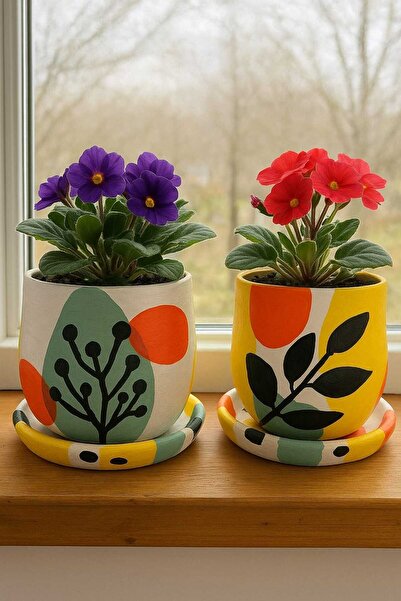 Comlekevi toprak saksı El yapımı desenli ikili set toprak saksı