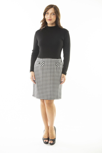 Şans Women's Large Size Black Crew Neck Houndstooth Patterned Dress 65N36910