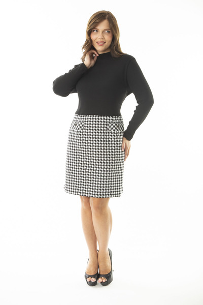 Şans Women's Large Size Black Crew Neck Houndstooth Patterned Dress 65N36910