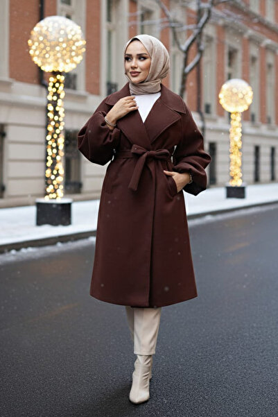 N.S NEVA STYLE Belted Brown Hijab Cashmere Coat 61631Kh