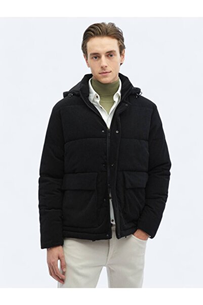 Kip Siyah Regular Fit Kapüşonlu Casual Dokuma Mont