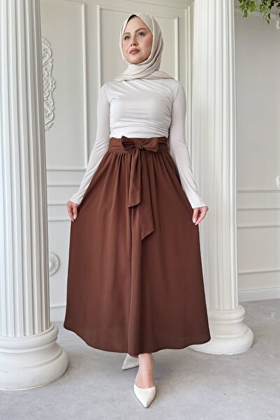 InStyle Pileli Kuşak Detay Acı kahve Etek