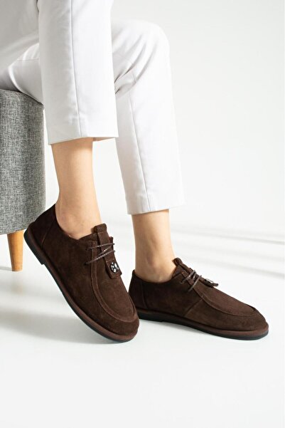 ESSO LA MİA Hakiki Deri Gold Ayarlanabilir Toka Detaylı Kadın Loafer- Kahve Süet