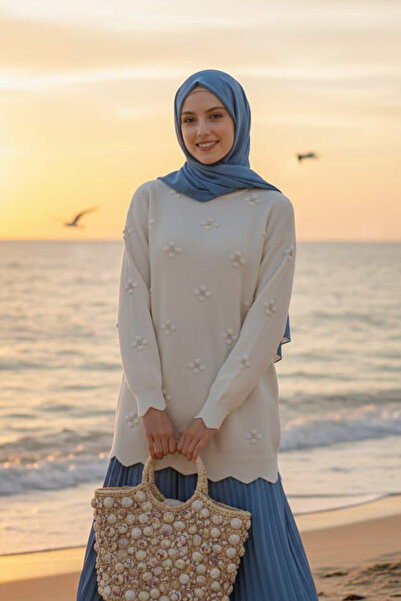 N.S NEVA STYLE Floral Detailed Ecru Hijab Knitwear Sweater Tunic 8764E