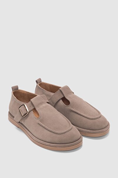 selinshoes Cassiel Hakiki Deri Gold Ayarlanabilir Toka Detaylı Kadın Loafer- VİZON SÜET