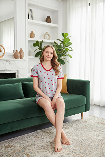 LİVE SPORT Kalp Printed Women's Pajama Set with Shorts – Cotton Knitted T-Shirt & Shorts Set