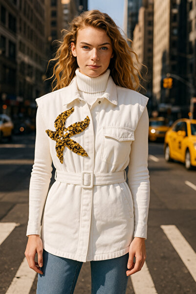 GZ Design Gold Starfish Embroidered Oversize White Jean Vest
